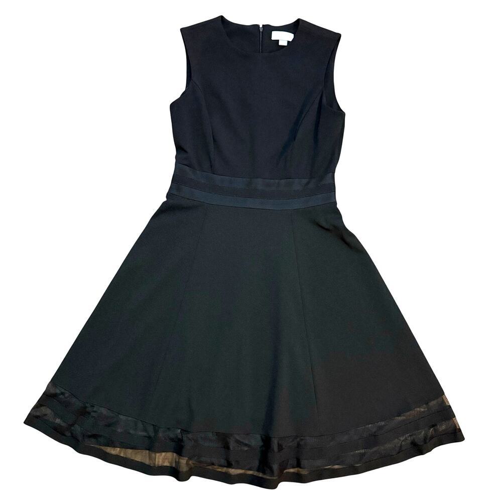 Calvin Klein Black Dress Fit & Flare Sleeveless A-Line Mesh Trim Career Women 4